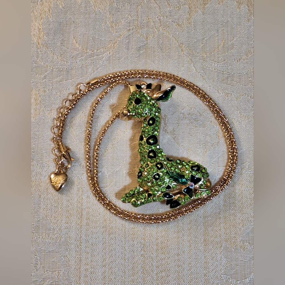 Large! Giraffe pendant necklace green rhinestones & enamel spots, gold tone